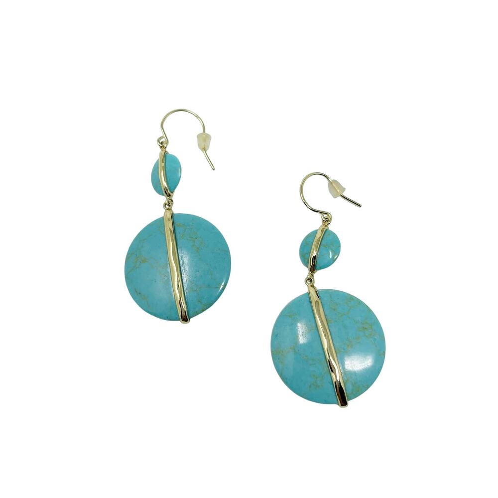 Turquoise and Gold Double Drop Statement Earrings Blue Dangle Hook